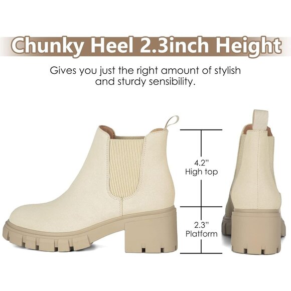 Womens Chelsea Beige Boots Fashion Lug Sole Chunky Heel Slip On Ankle Booties - Picture 3 of 6